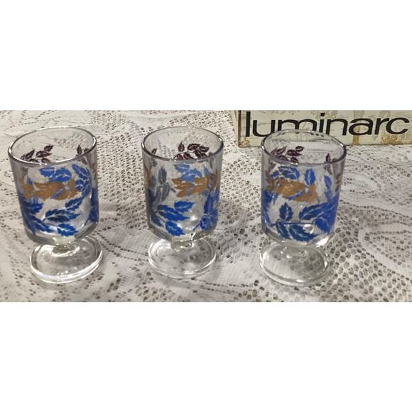 MCM Luminarc France Blue Gold Leaves Decanter 6 Footed Liqueur Aperitif Glasses - Picture 7 of 9